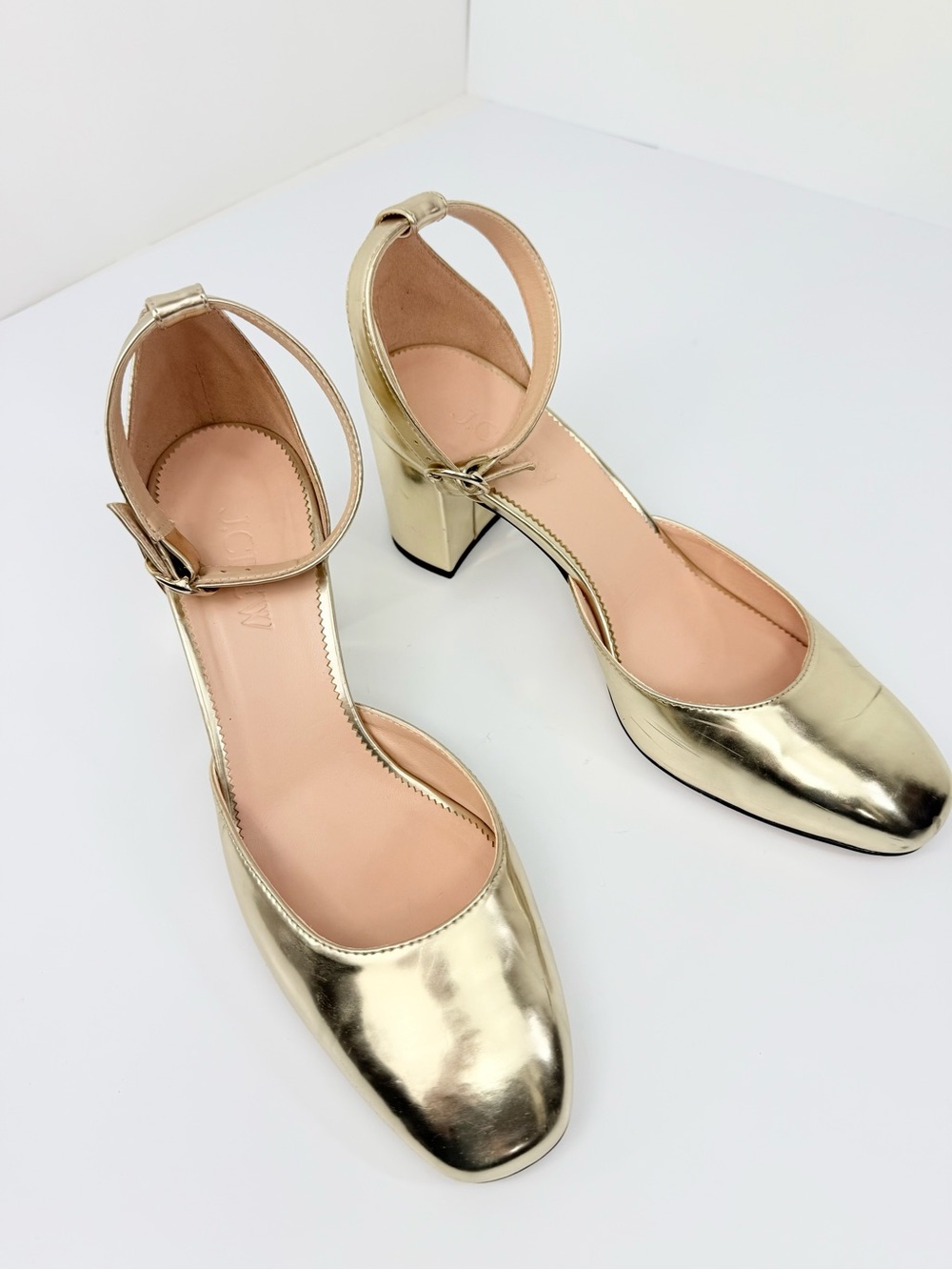 J. Crew Factory Gold Metallic Leather Closed Toe Block Heel Party Shoes